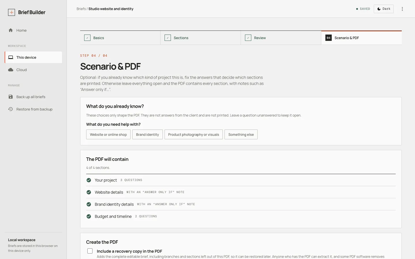 The Scenario and PDF step in Brief Builder.