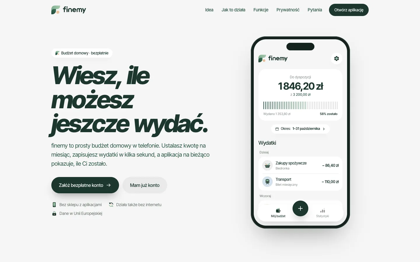The finemy.app home page: the heading ‘Wiesz, ile możesz jeszcze wydać’ (‘You know how much you can still spend’) beside a phone showing 1,846.20 zł available out of 3,200.00 zł.