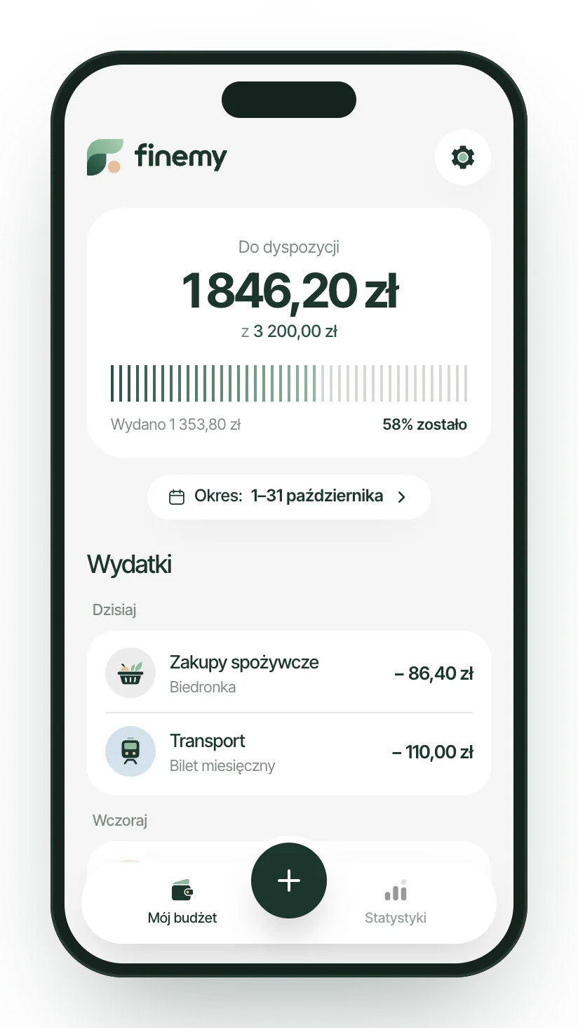 Finemy, a household budget app, on a phone: 1,846.20 zł available out of 3,200.00 zł, a bar showing 58% left, the period 1–31 October, and today’s expenses for groceries and transport.
