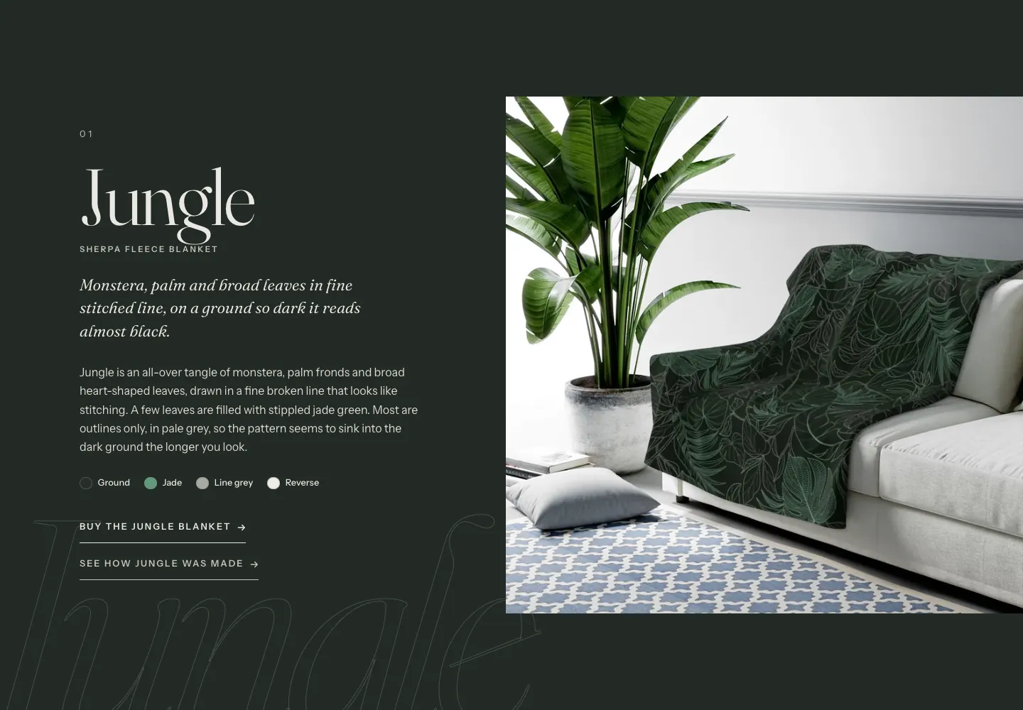 A Strange Forms design section on the site: the Jungle blanket, its description, its colour palette, a buy link and a photo of the blanket on a sofa.